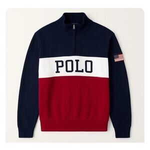 Polo Ralph Lauren Mens 1/4 Zip Sweater USA Flag Colorblock Spellout Sz L PREPPY